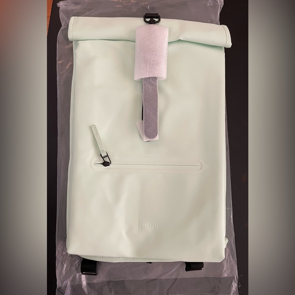 NWT Rains Rolltop Rucksack Zip-Detailed Backpack Mineral Color Waterproof - Picture 6 of 13